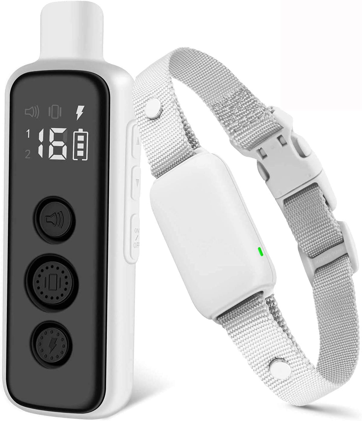 Bousnic dog training collar with remote, grey, showing remote and adjustable collar