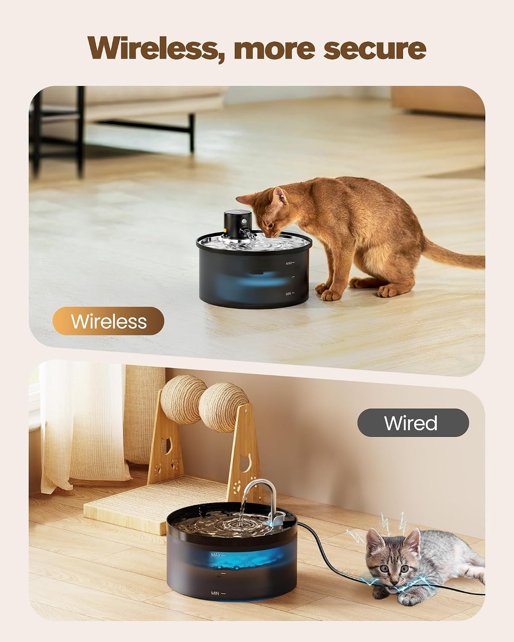 VKIMISS cordless cat water fountain, 3.2 litre, black with stainless steel drinking tray